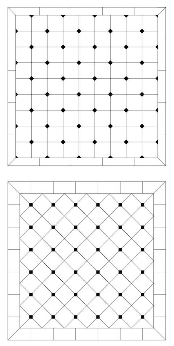 Calepinage de dallage en pose orthogonal et diagonal avec 2 pans coupés par dalle