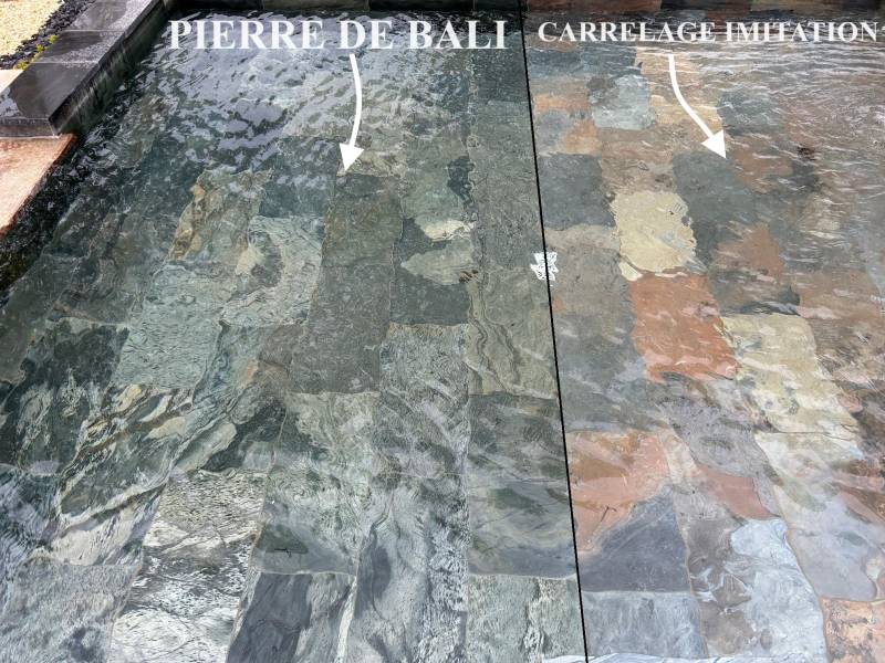 La différence entre la véritable pierre de Bali et le carrelage imitation pour terrasses et piscines