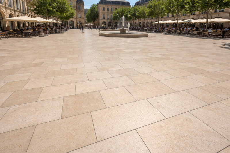 Sur cette place publique, le dallage en pierre naturelle froide, peu poreuse, reste stable et sûr par temps sec. (image IA)